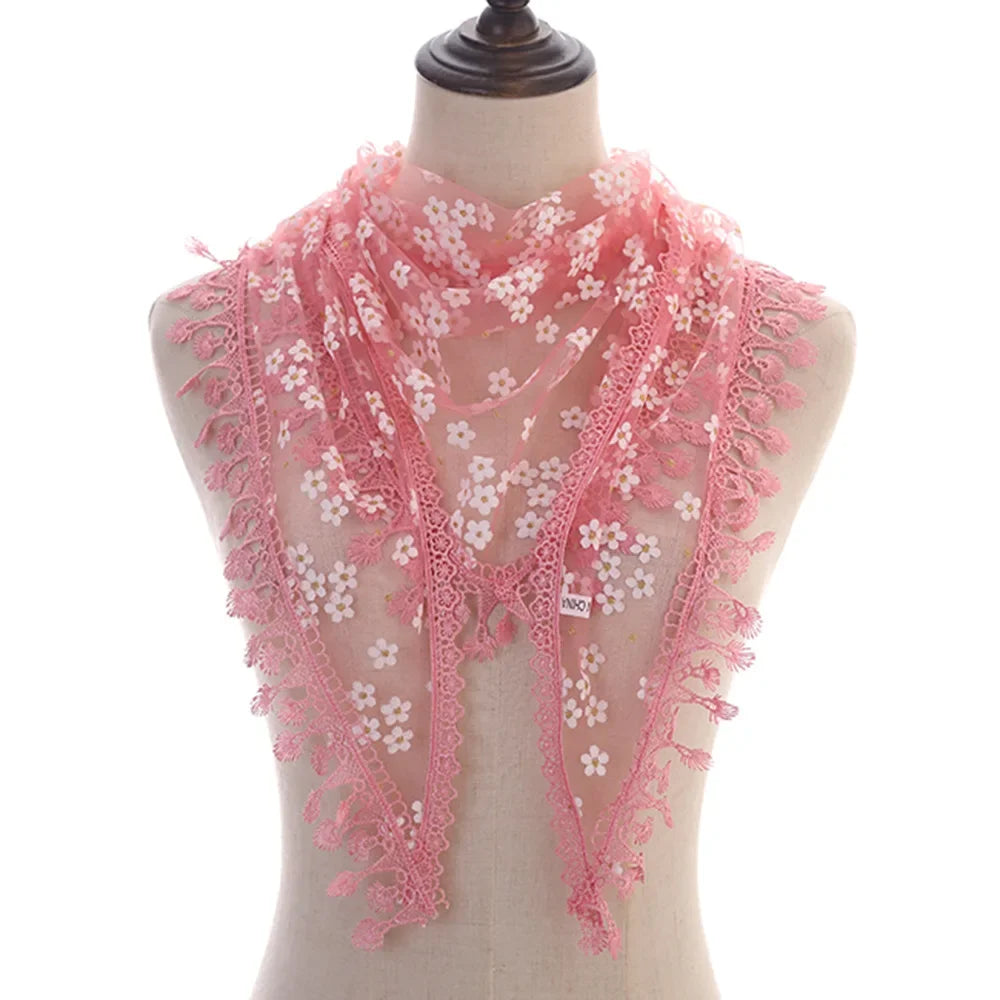 Fashion Women Triangle Wrap Fringed Shawls Head Scarf Tassel Embroidery Lace Scarves Flower Hijab Bandana Prayer Kerchief Church