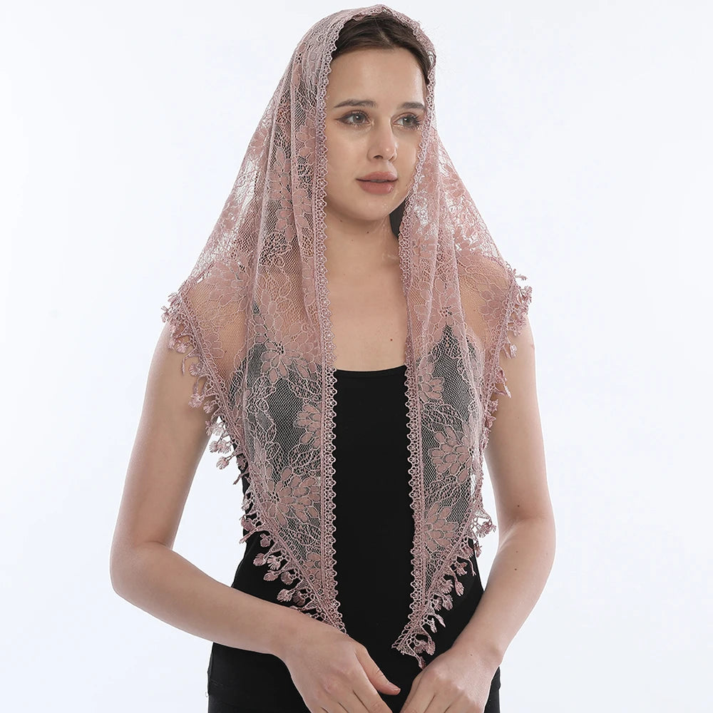 Fashion Church Shawl Lace Veil Polyester Scarf Bandana Church Prayer Wedding Mantilla Chapel White Embroidered Hijab Women Scarf