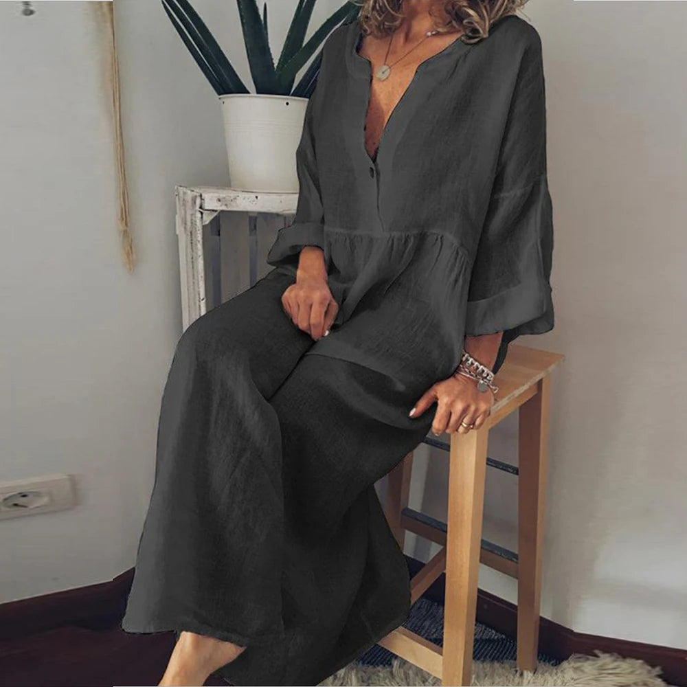 Cotton Linen Long Dress for Women 2024 Summer Sexy Casual Short Sleeve Slim Fit Loose Shirt Dress Beach Female Clothing Vestido