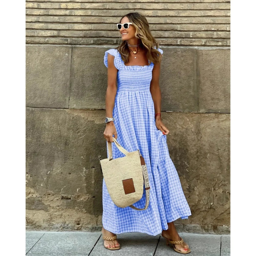 Luxury Ruffle Fly Sleeve Long Dress Square Neck Large Swing Plaid Party Evening Dress Casual Retro Beach Holiday Women's Clothes