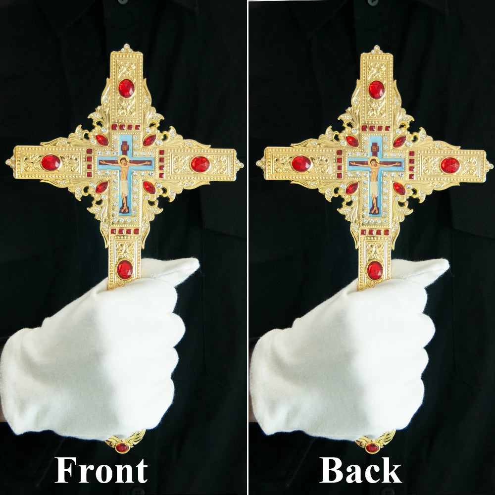 Orthodox Hand Cross Gold Plated Double-Faced Crucifix Icon Classic Eastern Cross for Church Home Decor