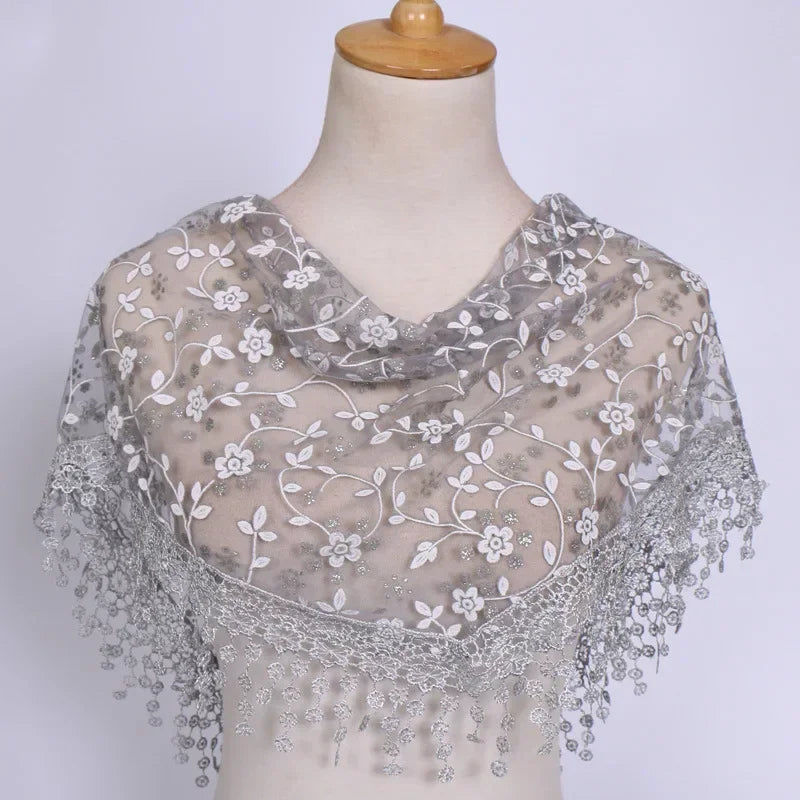 Women Triangle Scarf for Church Prayer Shawl Embroidered Lace Veil Floral Tassel Veils Mantillas for The Church's Pendant Scarve