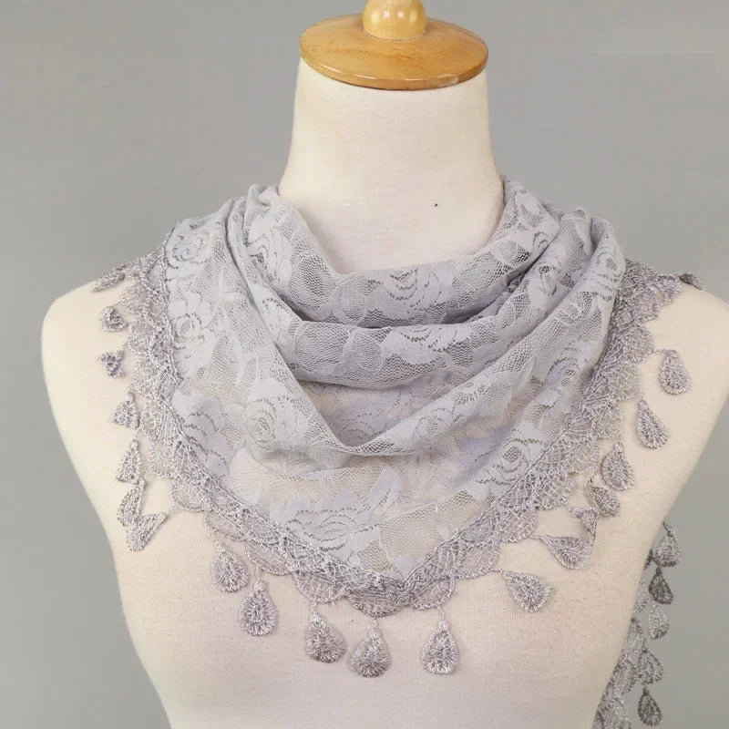 Fashion Women Triangle Wrap Fringed Shawls Head Scarf Tassel Embroidery Lace Scarves Flower Hijab Bandana Prayer Kerchief Church