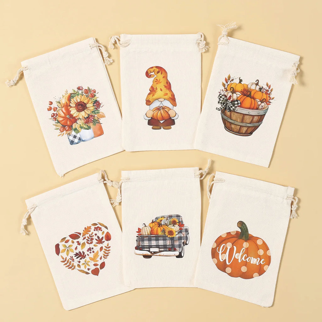 6pcs Thanksgiving Burlap Candy Bags Autumn Maple Leaf Jute Linen Treat Gift Bags for Thanksgiving Party Kids Cookies Pack Bags