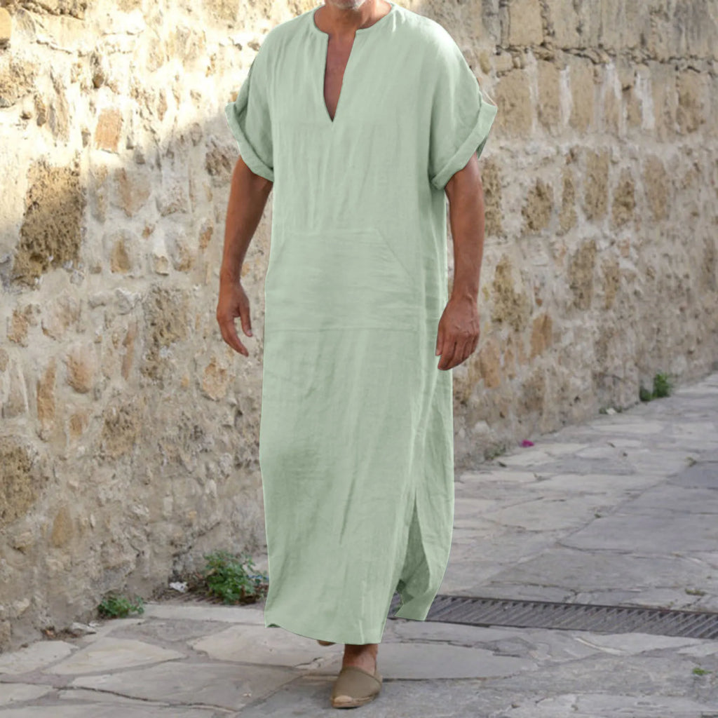 Men's Cotton Linen Long Robe Short Sleeve V Neck Jubba Thobe Arabia Muslim Costume Kaftan Arab Islamic Loose Casual Clothes 2024