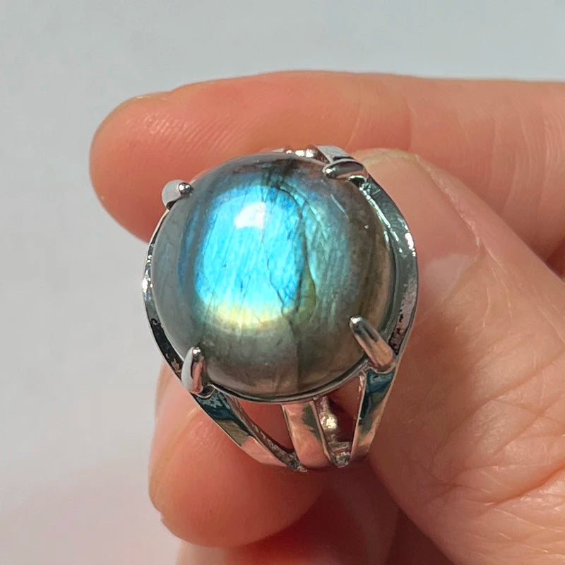 Ring Natural Stone Round Bead Blue Labradorite Adjustable Finger