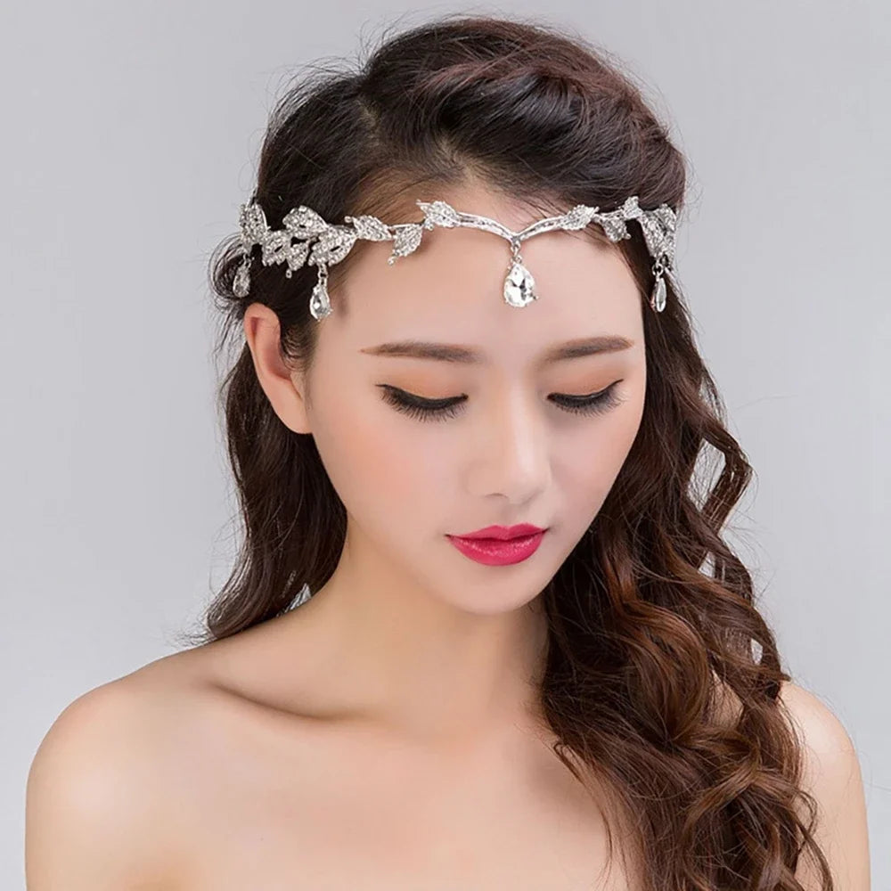 Wedding Bridal Headband for Brides Crystal Teardrop Rhinestone Leaf Hair Accessory Elf Crown Tiara for Elf Cosplay Party