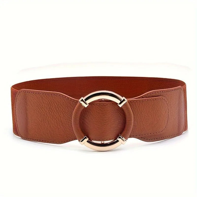 Solid Color Wide Belt Casual Stretchy Vintage Elastic Waistband Round Metal Buckle Dress Coat Girdle Women Apparel Accessories