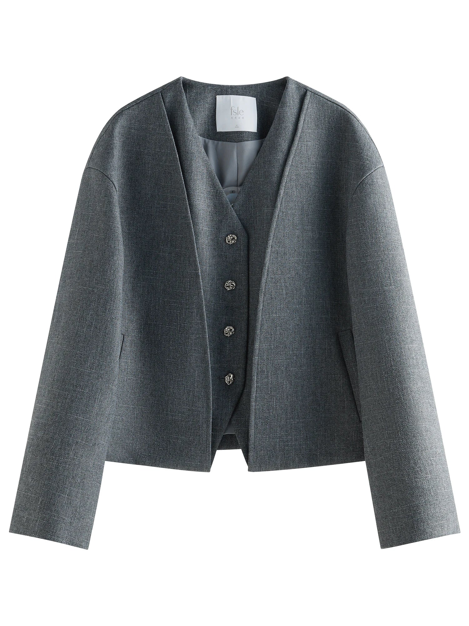 FSLE Exquisite Minimalist Style Fake Two-piece V-neck Suit Short Jacket For Women Spring 2025 New Commuting Chic Top 25FS11194