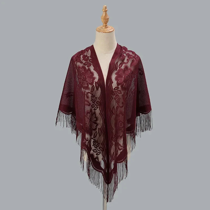 Fashion Women Triangle Wrap Fringed Shawls Head Scarf Tassel Embroidery Lace Scarves Flower Hijab Bandana Prayer Kerchief Church