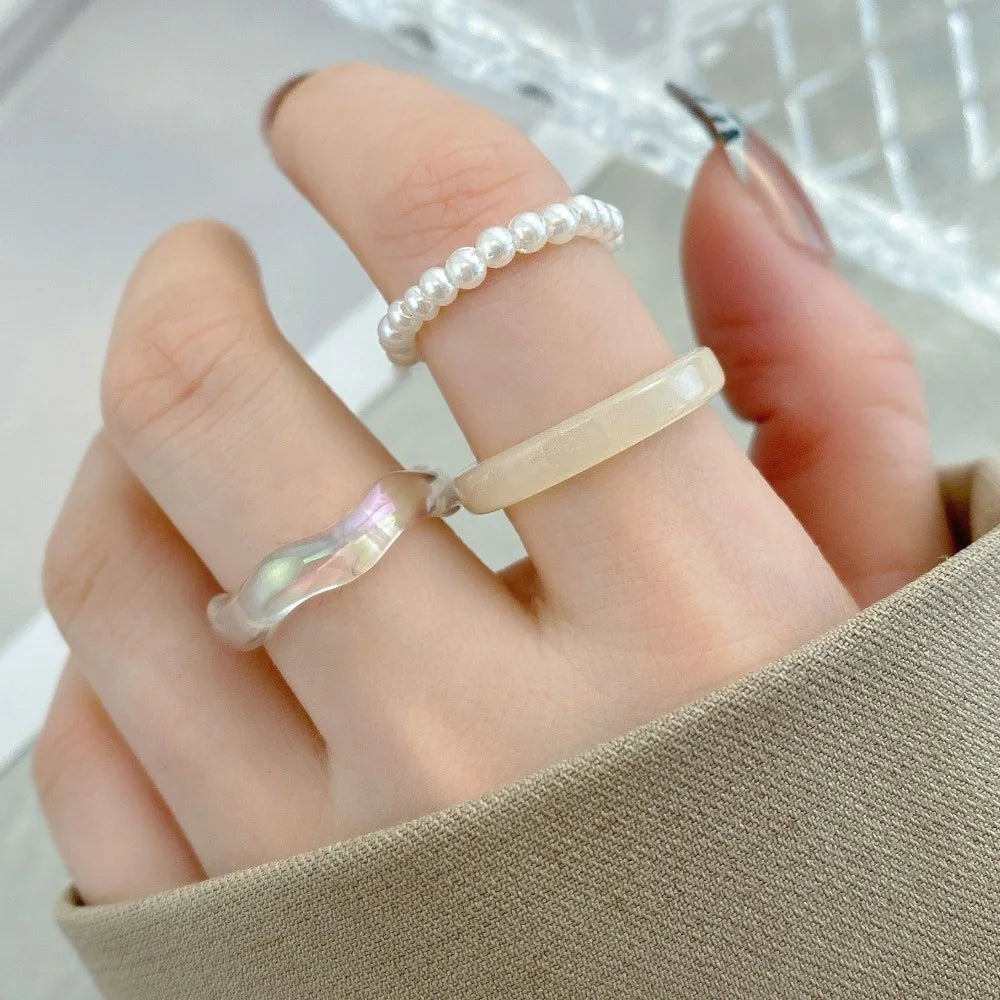 Minimalist Accessories Vegetarian Circle Women Pearl Ring Set Korean Style Resin Ring Popular Accessories Party Favors