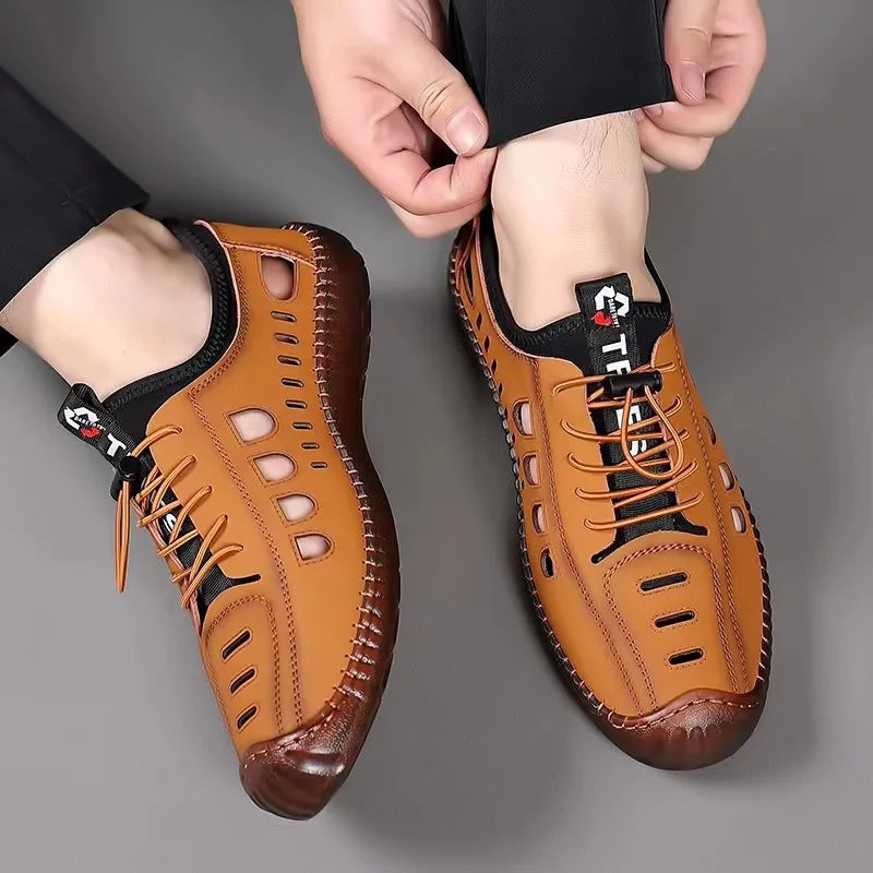 Men's Soft Leather 2024 Summer Men Leather Sandals Breathable Non-slip Cow Tendon Sole Casual Leather Shoes Outdoor Beach Shoes