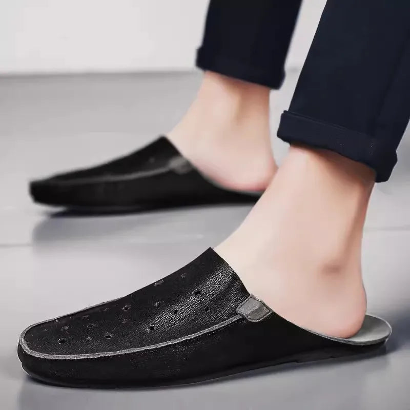 Genuine Leather Slippers For Men Slip on Flats Shoes Walking Shoes Men Half Slippers Comfortable  Household Casual Beach Sandals