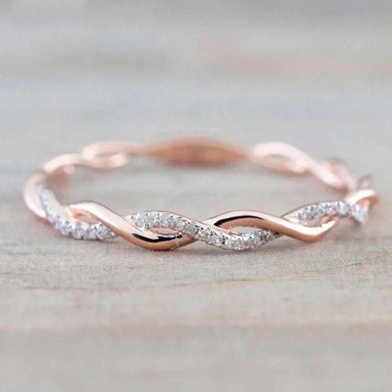 Simple Stylish Women Thin Rings Fancy Twist Band Shiny Crystal Cubic Zircon Rings Daily Wear Versatile Jewelry Minimalist Gift