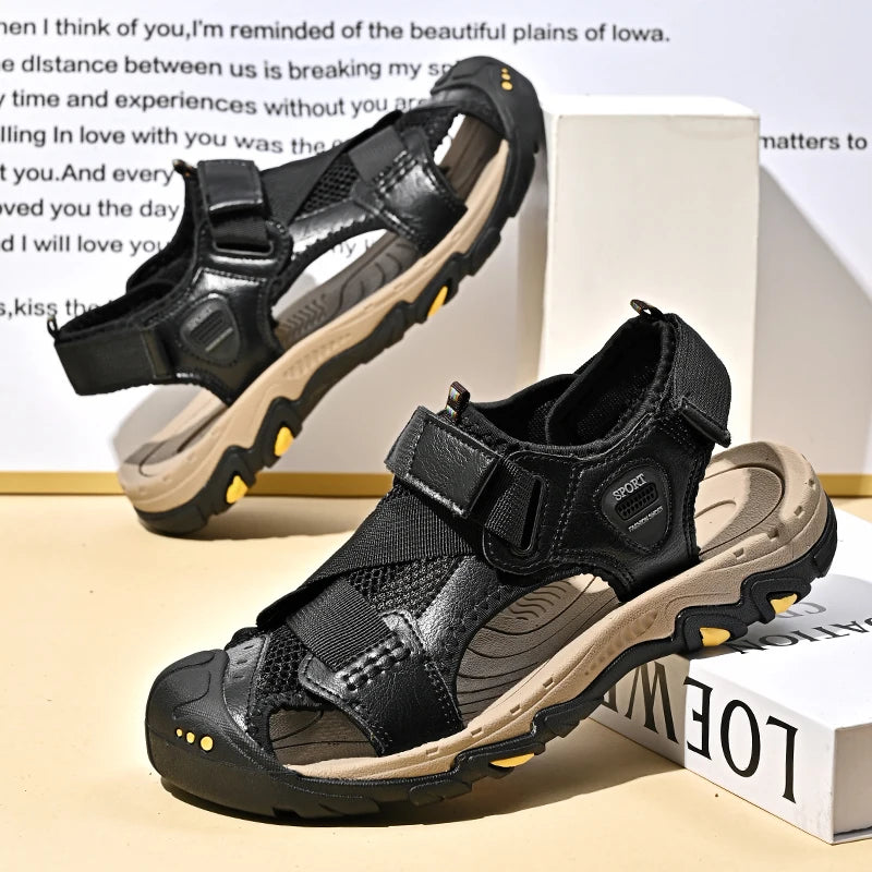 Men's Leather Sandals Durable Non-Slip for Hiking Summer Casual Outdoor Footwear Breathable Mesh Lining Sport Beach Shoes Males