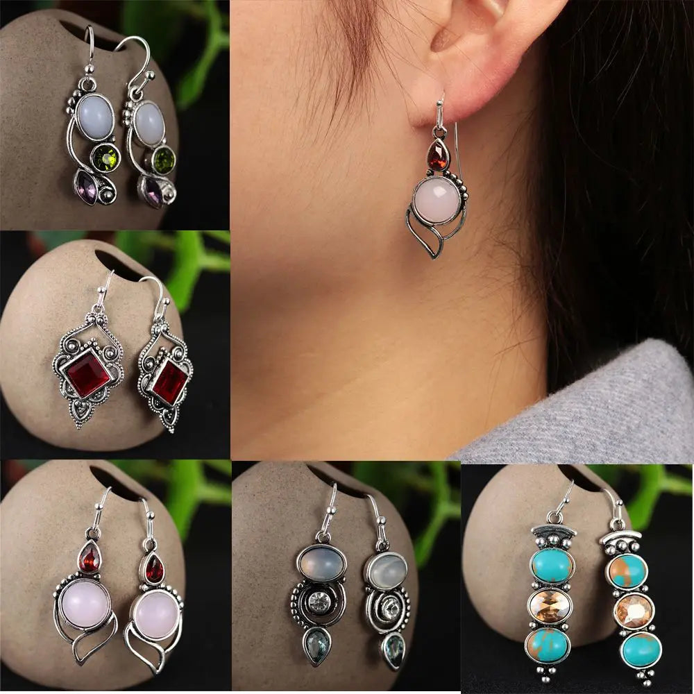 Vintage Women Natural Charm Multi-Gemstone Rainbow Moonstone Peridot Amethyst Turquoise Pendant Earrings Dangle Earrings Jewelry