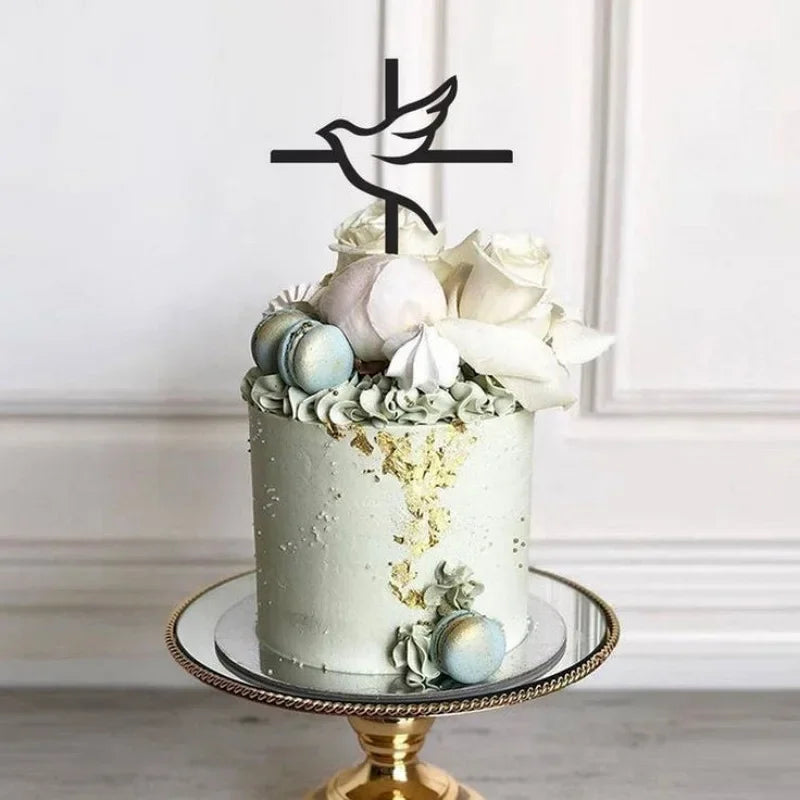 Cross Christ Jesus Birthday Cake Topper Gold Acrylic Dove Cross for Eucharist Baby Baptism Party Cake Toppers Dessert Decoration