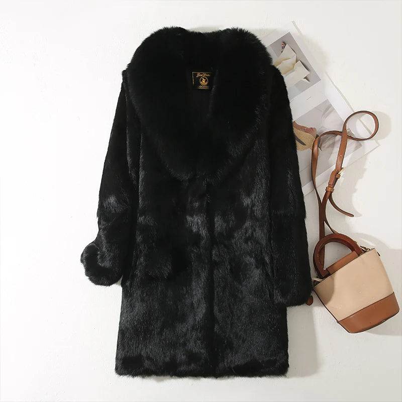 New 100% Real Natural  Whole Rabbit Fur Coat With Luxury Natural Fox Fur Collar Jacket Full Pelt Rabbit Fur Overcoat
