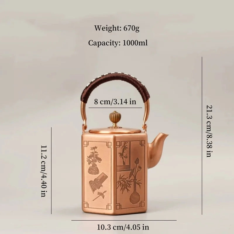 Pure Copper Coffee Pot,Retro Creative Hexagon Teaware 1000 ml Milk Tea Filter Weave Heat Carry By Hand Kettle,Handcrafted Teapot