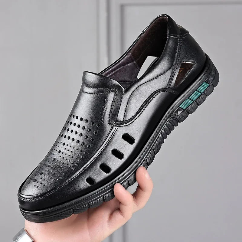 Men's genuine leather sandals perforated shoes casual breathable wear-resistant anti slip cool trend business men's shoes