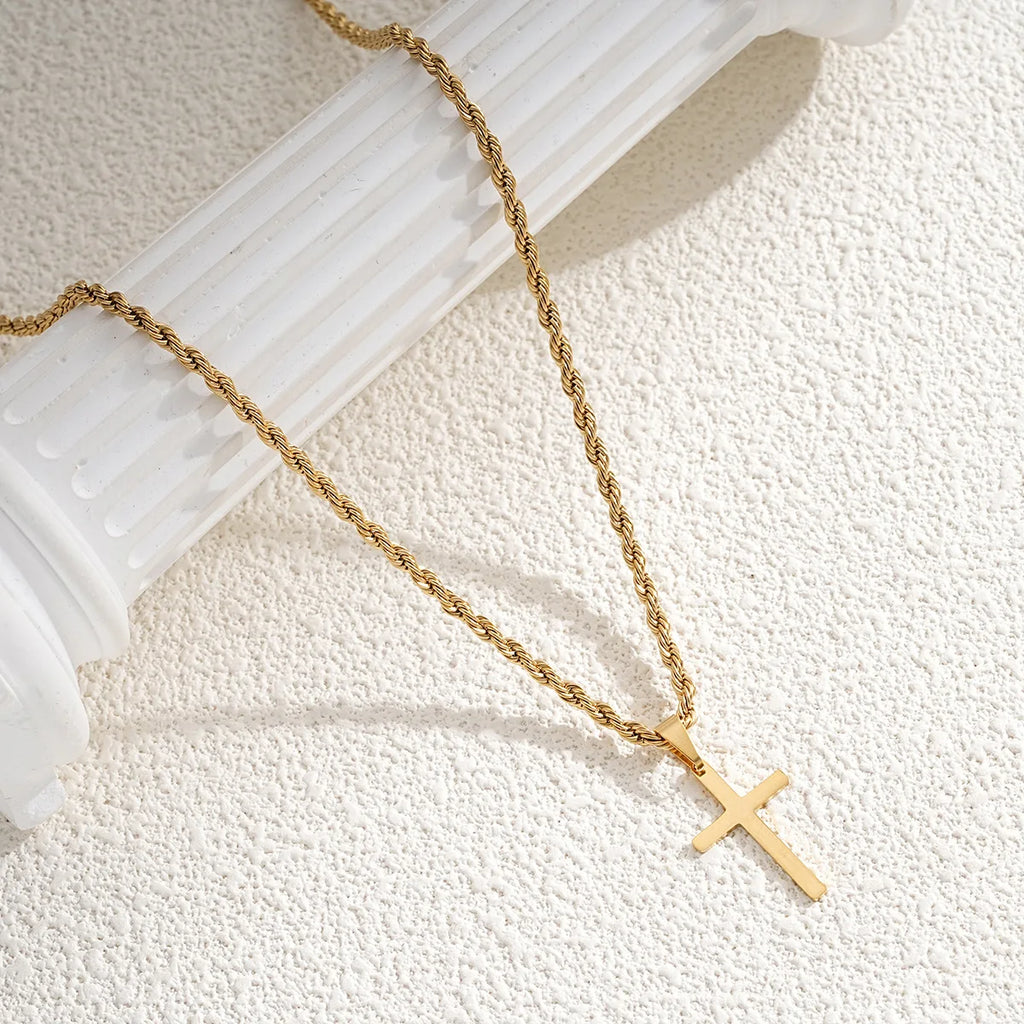 Simple Cross Necklaces for Men Boys,Waterproof Stainless Steel Pendant Necklace with 55cm Twisted Chain,Hip Hop Casual Gifts