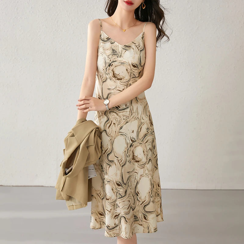 SENTUBILA Midi Print Slip Dresses Women 2025 Spring Summer Korean Fashion Sundress Elegant Lady Slim Camisole Dress 121L40493