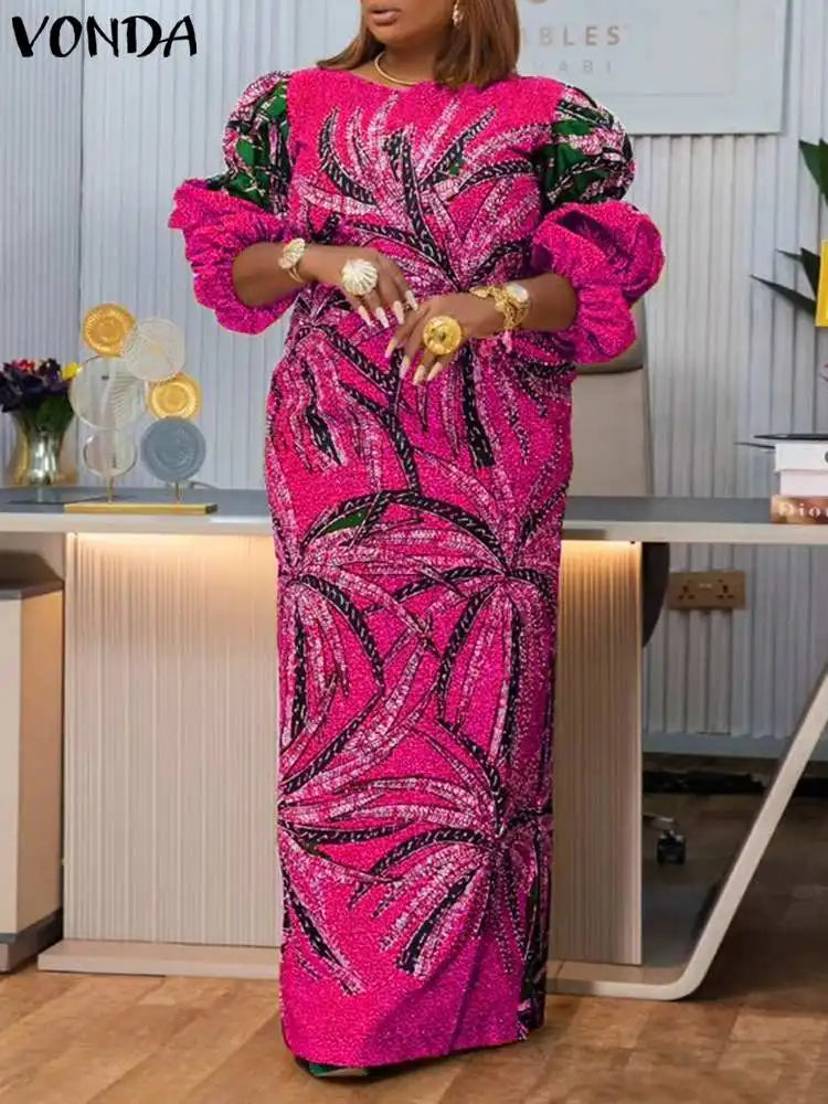 Plus Size 5XL VONDA Bohemian Party Dress Women Printed Puff Sleeve Dresses Oversized Vestidos 2024 Casual Loose Vintage Sundress