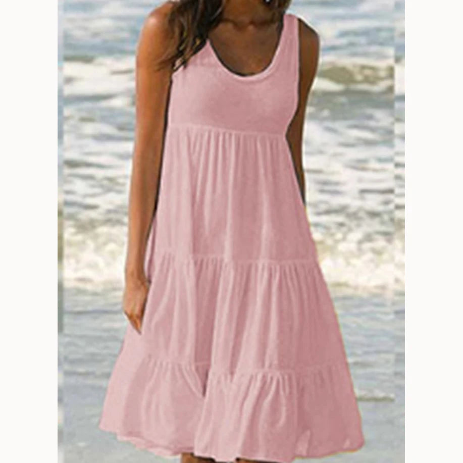 Women Causual O Neck Sleeveless Ruffles Mini Dress Boho Solid Beach Sundress Oversized Loose Dress 2023 Summer