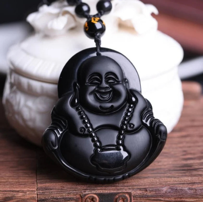 Natural Black Obsidian Money Buddha Pendant Necklace Chinese Hand Carved  Accessories Amulet for Men Women Fashion Jewelry