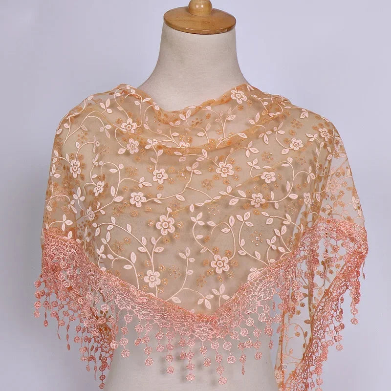 Fashion Women Triangle Wrap Fringed Shawls Head Scarf Tassel Embroidery Lace Scarves Flower Hijab Bandana Prayer Kerchief Church
