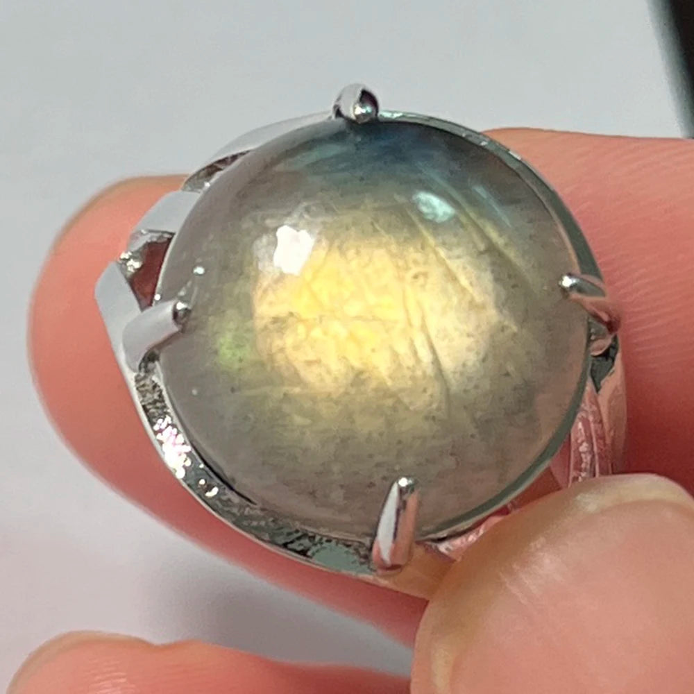 Ring Natural Stone Round Bead Blue Labradorite Adjustable Finger