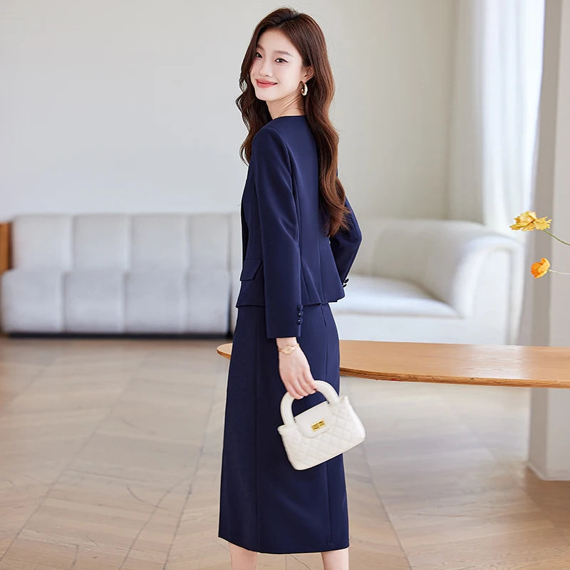 NAVIU 2 Pieces Set Women Double Breasted Blazer Korean Drama Star Elegant A Line Knee Length Slit Stirts Women Work Wear Blue