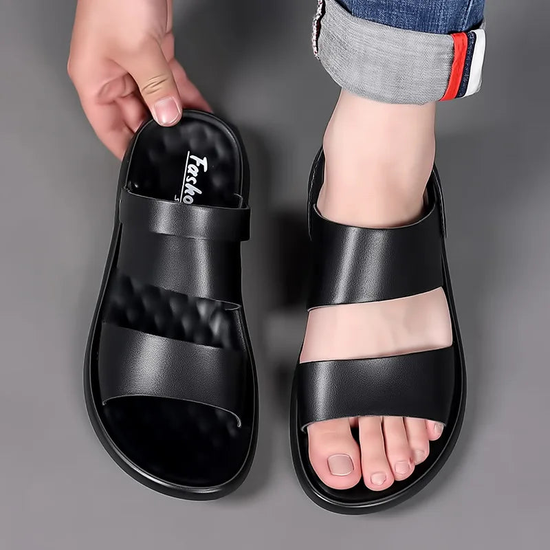 Men Sandals Fashion Mens Shoes Slip-On Leather Soft Non-slip Beach Summer Sandals Slippers Flats Flip Flop Men sandales Сандалии