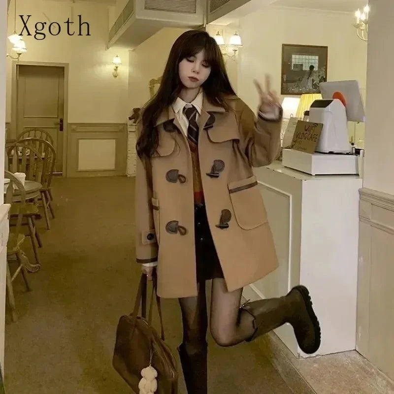 Ladies Coats Thickened Turndown Collar Single Row Cow Horn Button Midlength College Style Reduced Age Woolen Coat Women Clothing