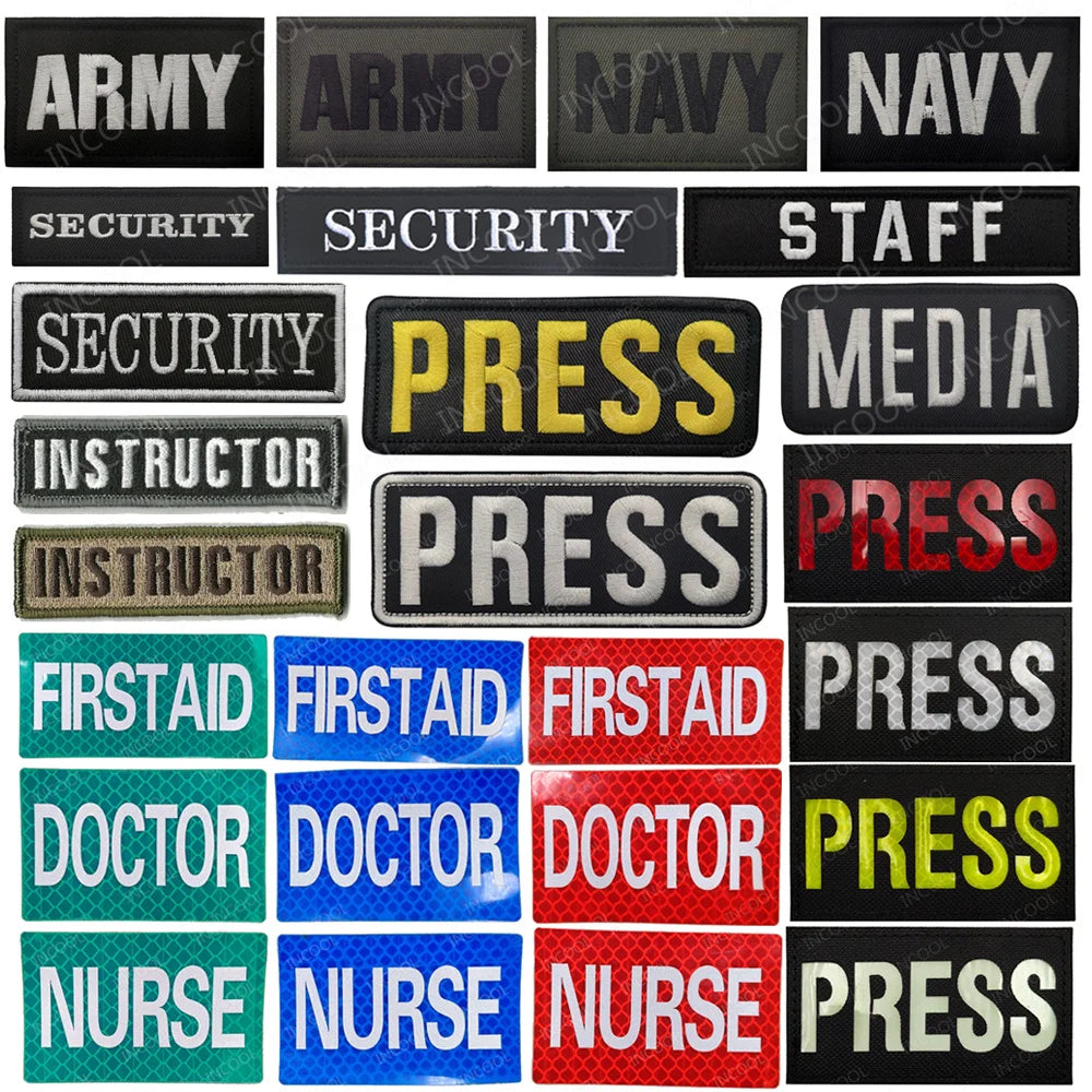 PRESS MEDIA INSTRUCTOR Doctor Nurse First Aid Staff IR Infrared Reflective Glow In Dark Patches Appliqued Embroidered Badges