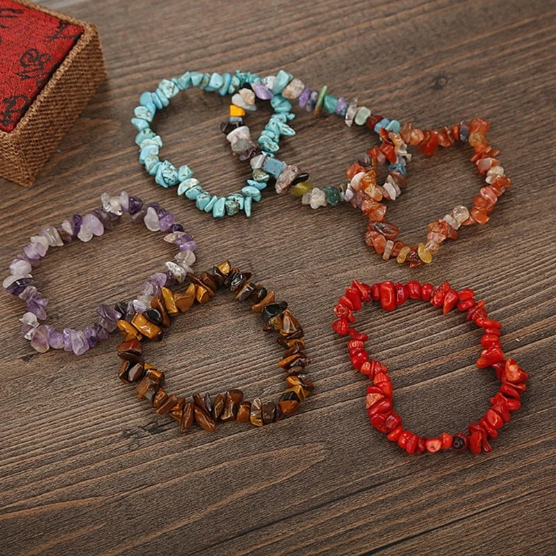 Color Natural Gem Chakras Crystal Bracelet for Men and Women Irregular Roller Polishing Alignment Gravel Bracelet for Meditation