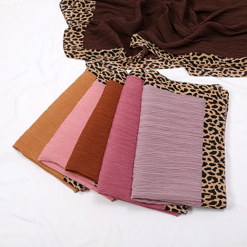Hot Leopard Print Wrinkles Hijab Scarf Polyester Muslim Woman Hijab Shawls Lady Soft Long Wraps Femme Elegant Bandana Turban