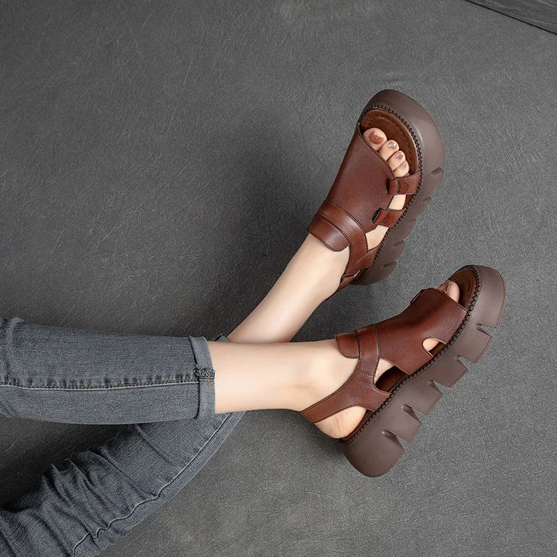 Women's Sandals  Summer Genuine Leather Thick Sole Ladies Sandals Summer Shoes Women Retro Style Handmade Shoes