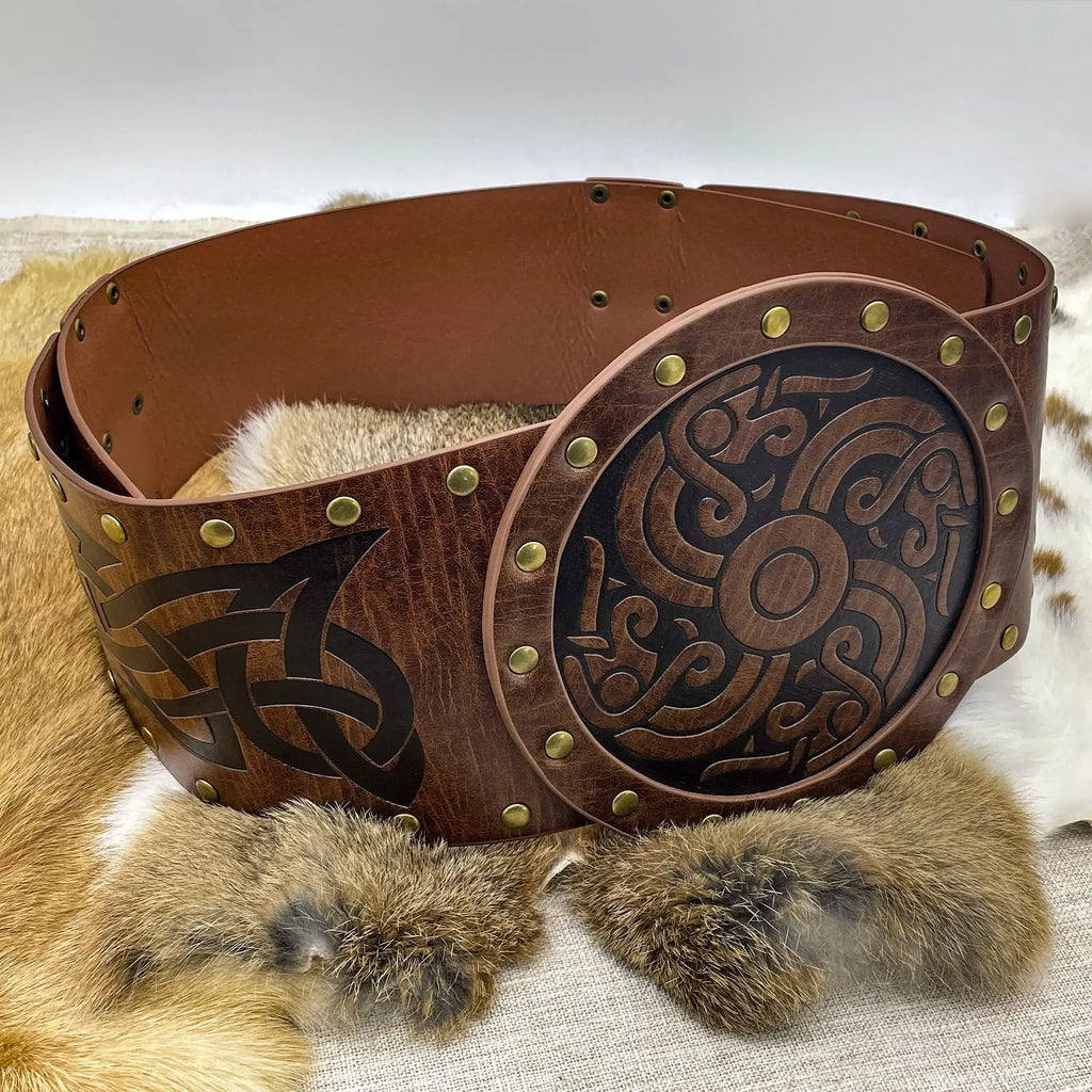 Viking style Wide embossed PU leather belt with Medieval Nordic Renaissance Knight Armor Waist Belt Accessory Halloween Party