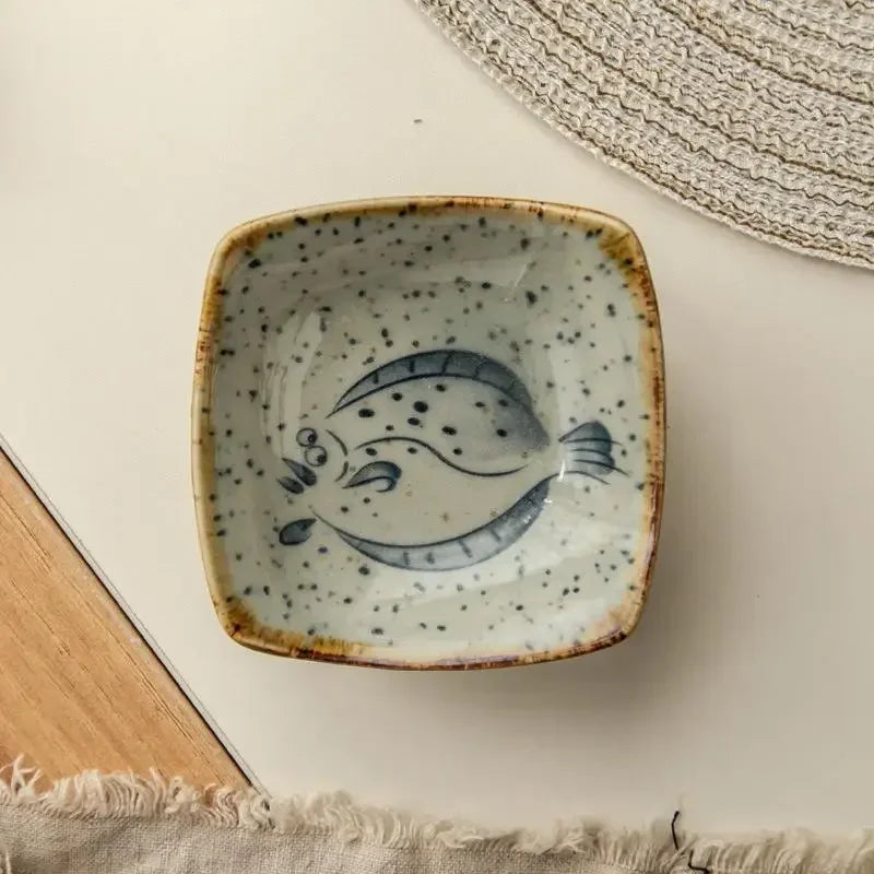 Japanese Cartoon Antique Seasoning Dishes Ceramic Square Plate Creative Cartoon Seafood Sauce Dish Home Kitchen Tableware