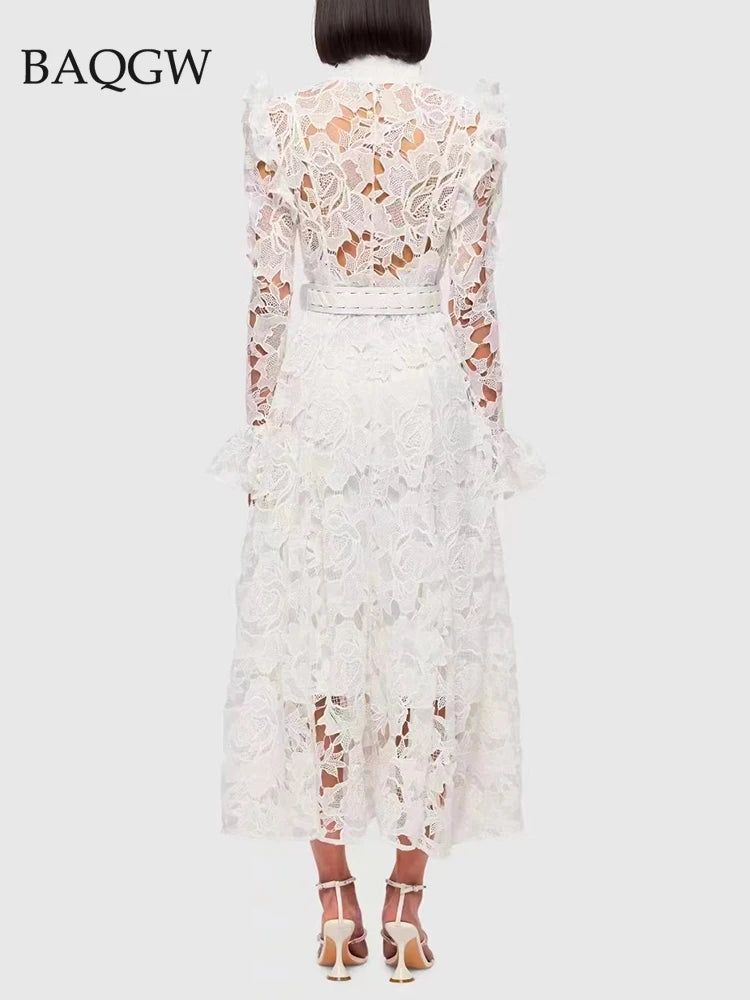 Minimalist Solid Dresses for Women Stand Collar Long Sleeve High Waist Spliced Hollow Out Slim Chic Dress Female Summer 2023