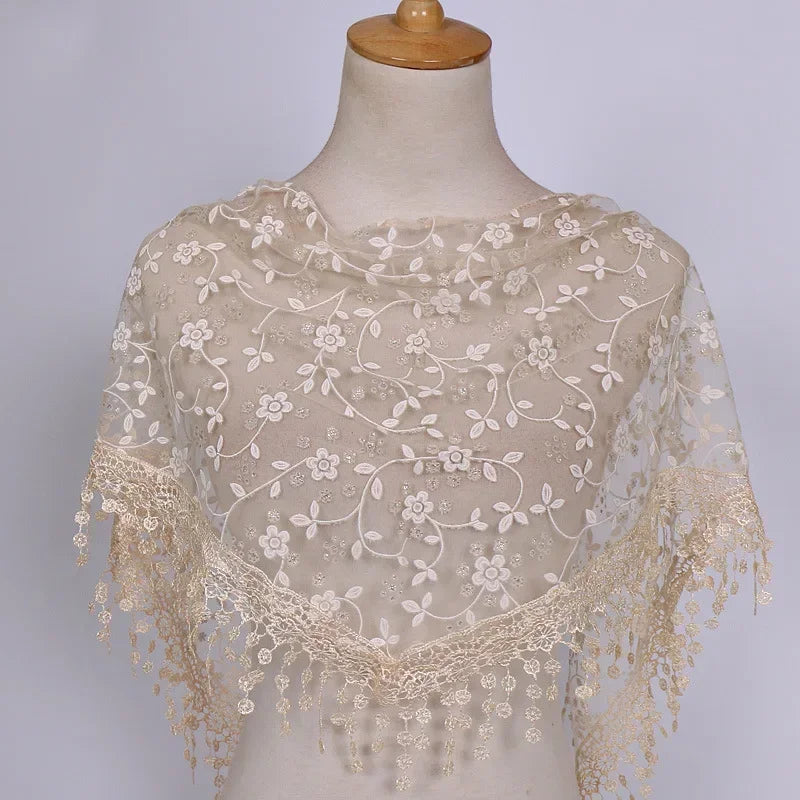 Women Triangle Scarf for Church Prayer Shawl Embroidered Lace Veil Floral Tassel Veils Mantillas for The Church's Pendant Scarve