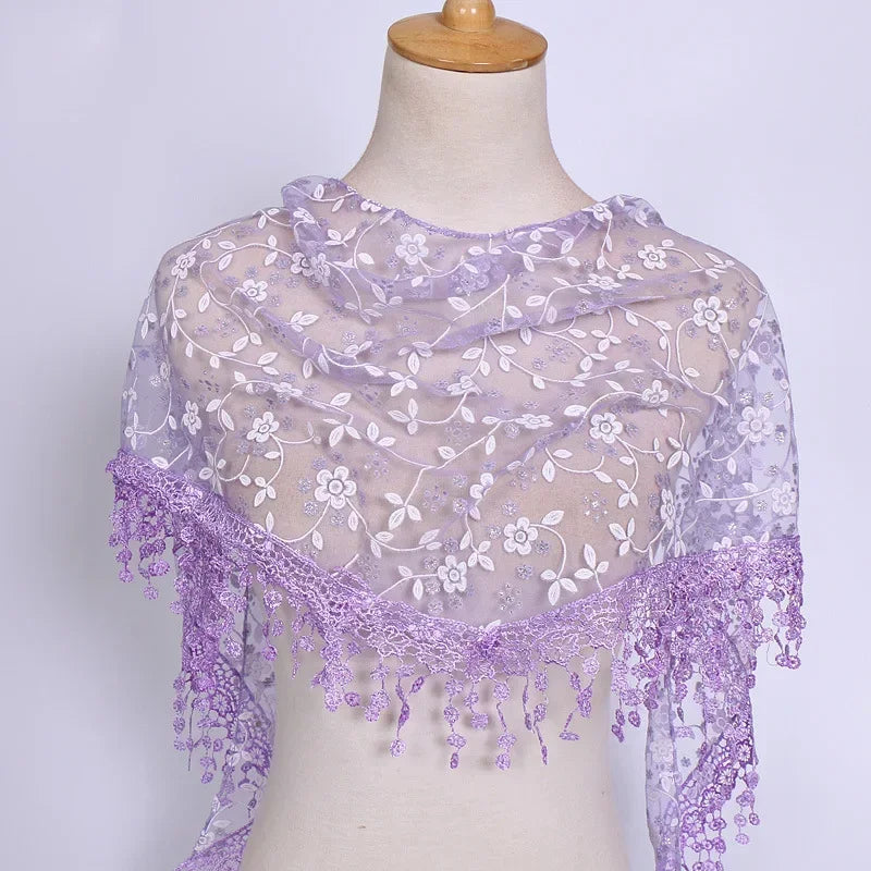 Women Triangle Scarf for Church Prayer Shawl Embroidered Lace Veil Floral Tassel Veils Mantillas for The Church's Pendant Scarve