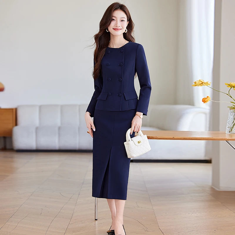 NAVIU 2 Pieces Set Women Double Breasted Blazer Korean Drama Star Elegant A Line Knee Length Slit Stirts Women Work Wear Blue