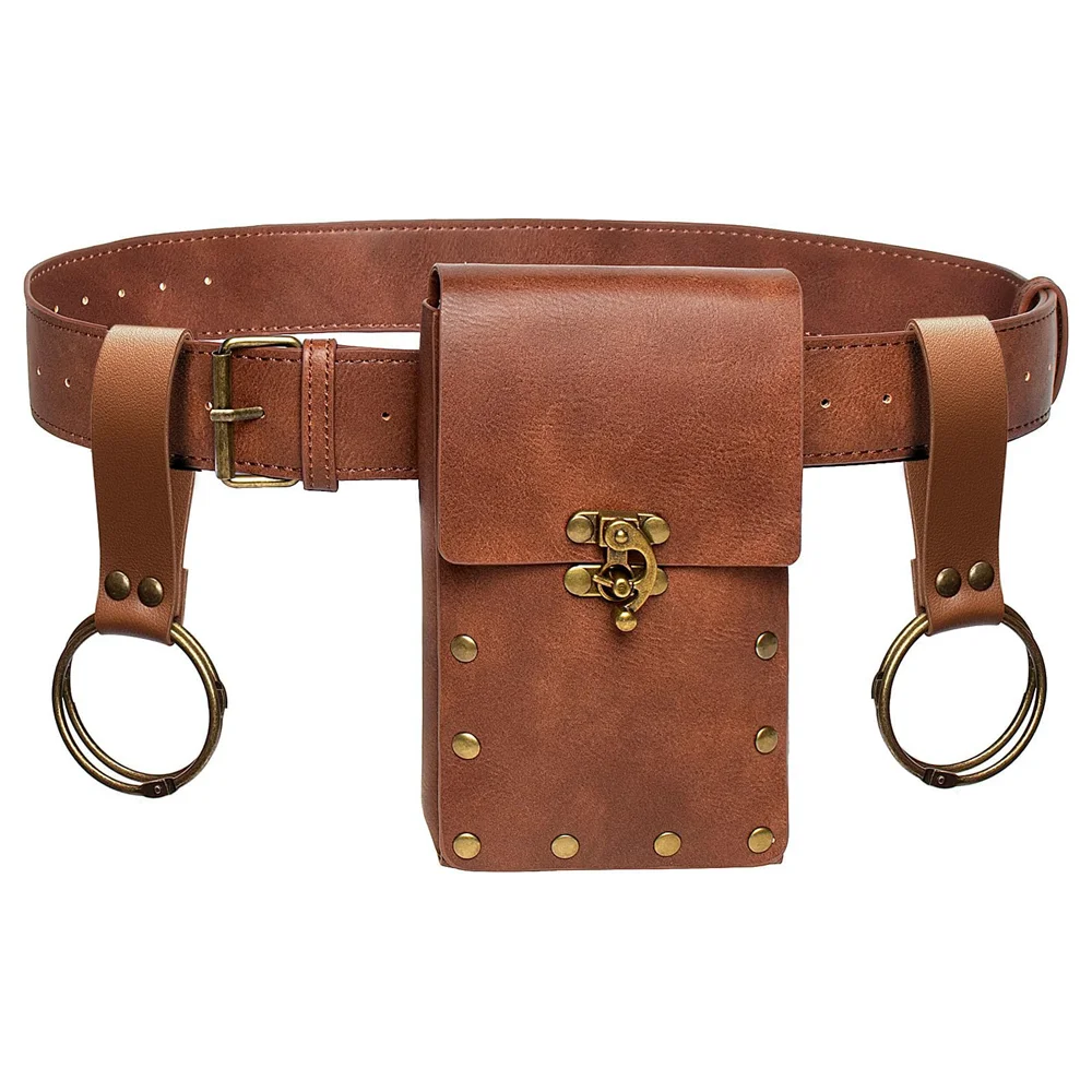 Black Medieval Leather Belt Brave Knight Retro Copper Coin Waist Bag Gold Hardware Skirt Clip Cosplay Role-playing Props Belt