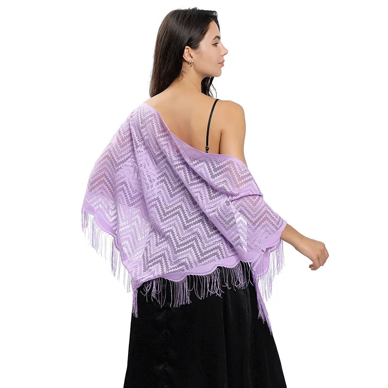 Elegant Lace Wavy Triangle Shawl Hollow Mesh Thin Breathable Tassel Scarf Party Evening Dress Versatile Shawl