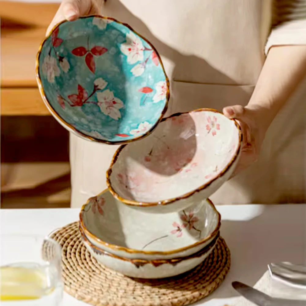 7.4inch Ceramic Dinner Plates Japanese Retro Deep Round Plate Dinner Plates Pasta Plate Kitchen Tableware Microwave Oven Bakware