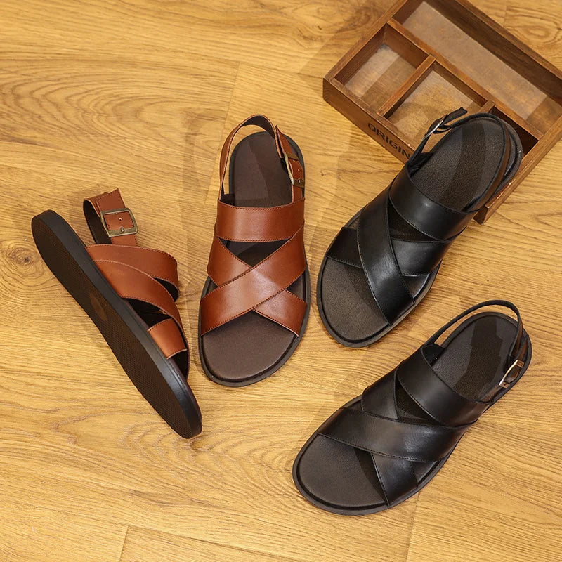 Summer Men's Leather Sandals Non-Slip Anti-Odor Beach Shoes First Layer Cowhide Outer Wear Casual Tpr Sandals Men's Wholesale