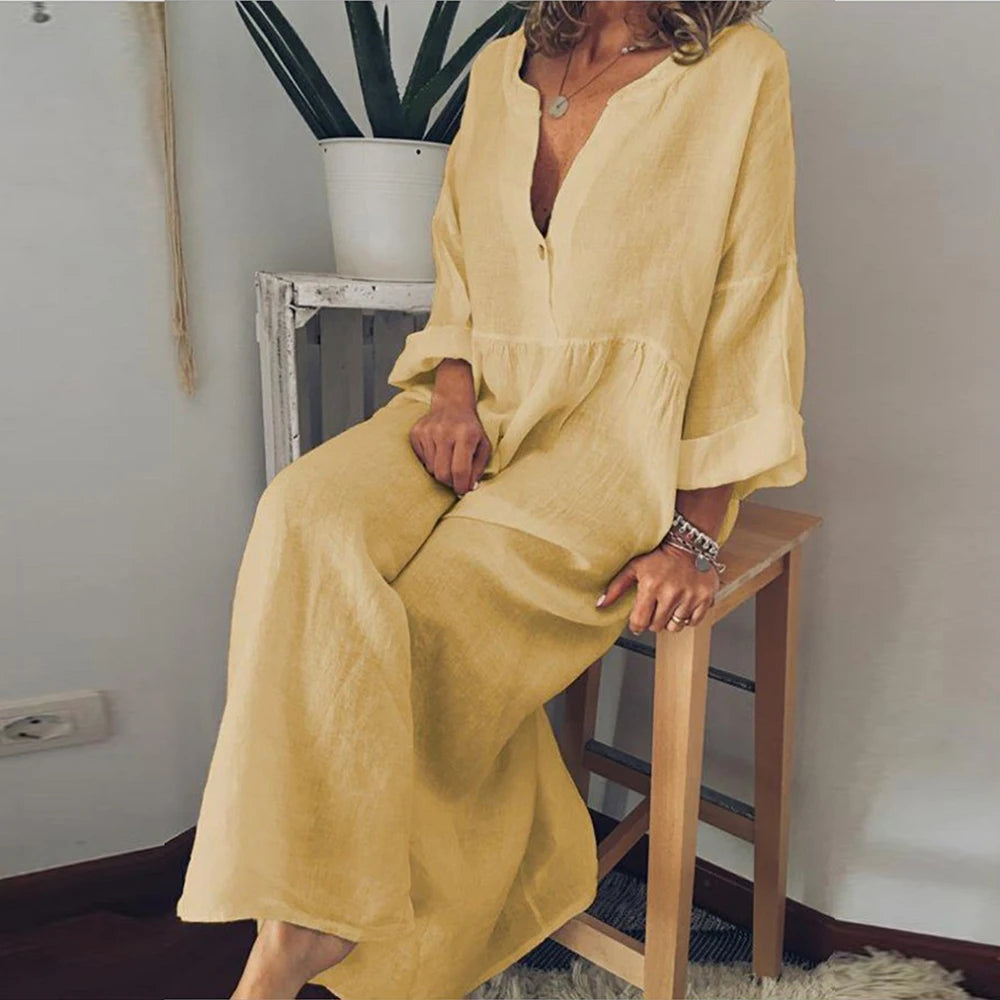 Cotton Linen Long Dress for Women 2024 Summer Sexy Casual Short Sleeve Slim Fit Loose Shirt Dress Beach Female Clothing Vestido