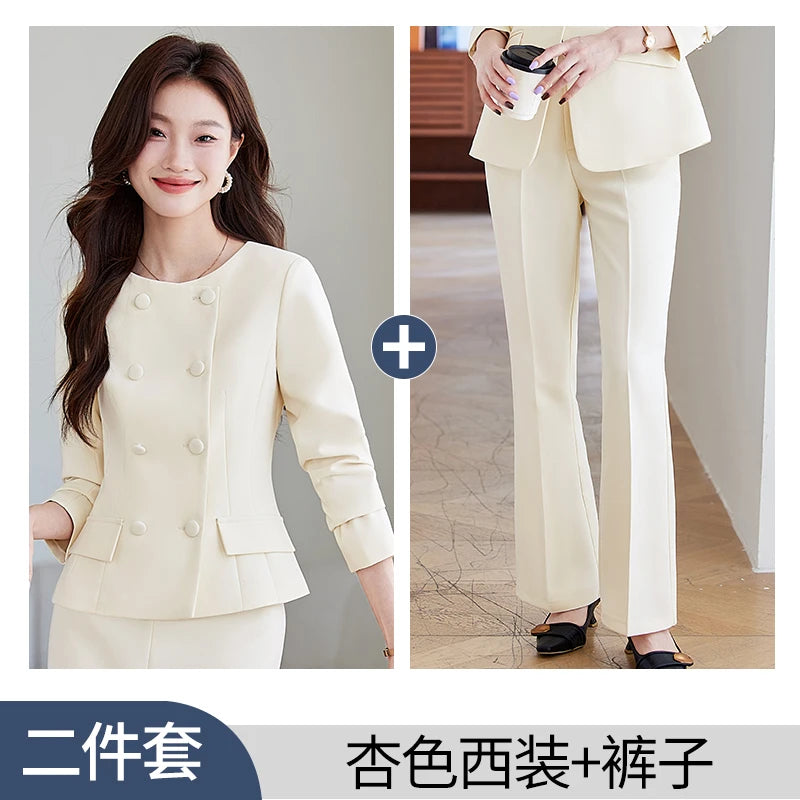 NAVIU 2 Pieces Set Women Double Breasted Blazer Korean Drama Star Elegant A Line Knee Length Slit Stirts Women Work Wear Blue